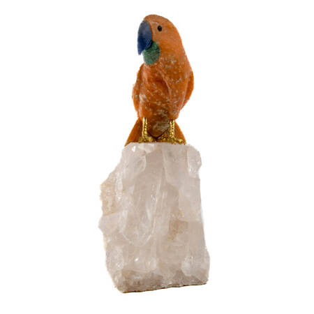 Hand-Carved Hardstone Parrot and Lapi Beak on Quartz Geode