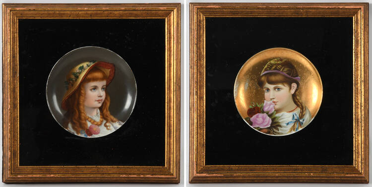 Pair of Framed Shadow Box Hand-Painted Portrait Plaques
