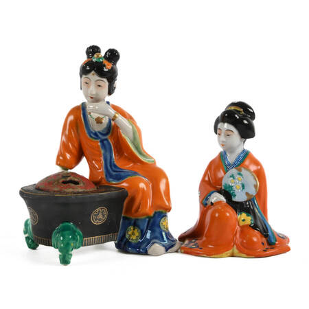 Antique Hand-Painted Geisha Girl Incense Burner Set