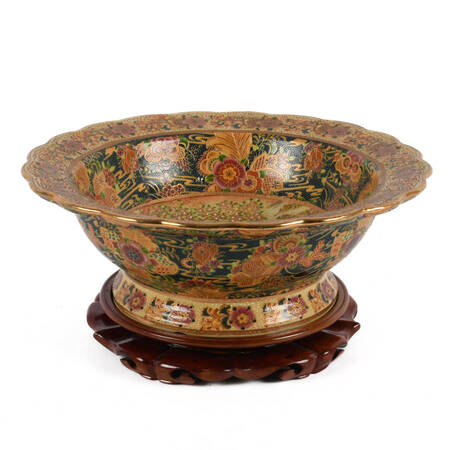 Royal Satsuma Porcelain Centerpiece Bowl with Rosewood Base