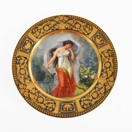 Antique Royal Vienna Hand-Painted Portrait Plate with Lady in Red
