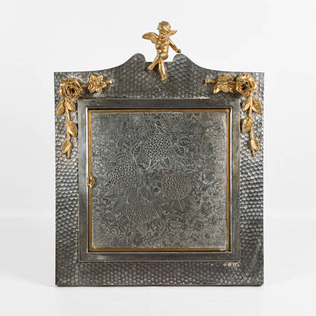 Ornate Silver and Brass Figural Motif Triptych Vanity Mirror
