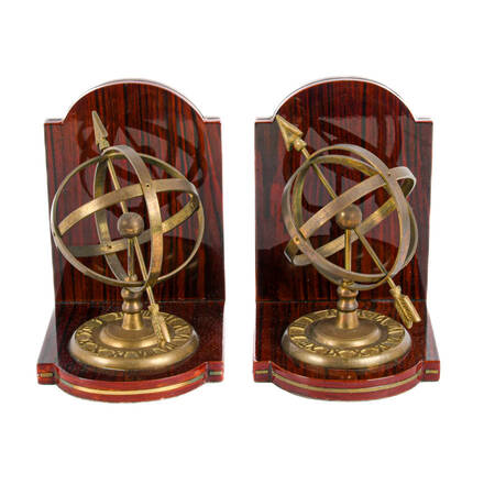 Pair of Brass and Mahogany Armillary Bookends