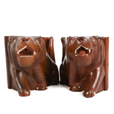 Pair of Carved Wood Lion Bookends