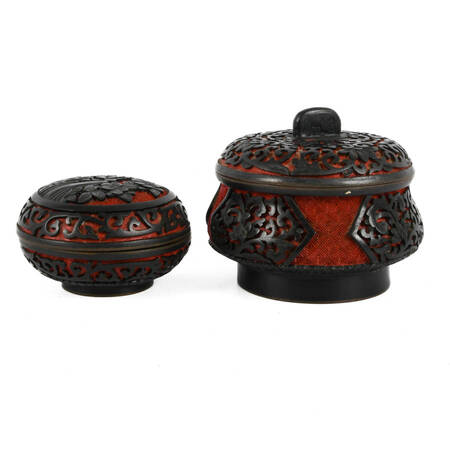 Pair of Chinese Carved Cinnabar, Enamel, and Black Lacquer Box