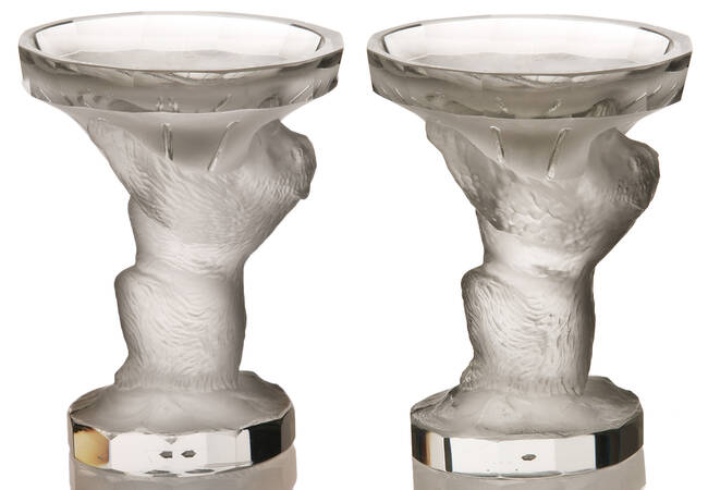 Pair of Art Deco Crystal Figural Bear Compotes