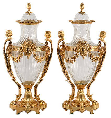 Matched Pair Signed Baccarat Gilt Bronze and Figural Urns