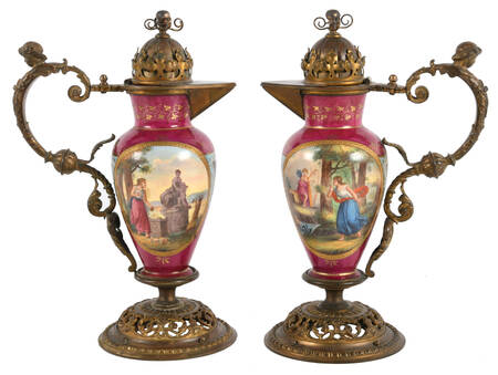 Pair of Neoclassical Hand-Painted Porcelain and Brass Ewers