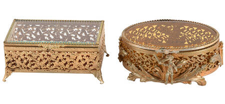 Set of Two Hollywood Regency Gold Filigree Dresser Boxes