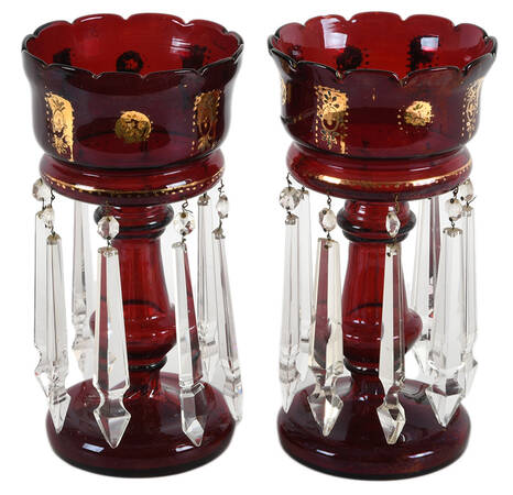 Antique Pair of Mantle Ruby Red and Gilt Lusters with Hanging Prisms