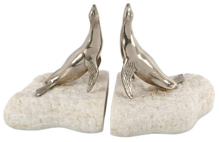 Pair of Chrome Metal Seals on Carved Stone Bookends
