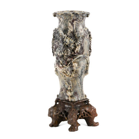 Antique Chinese Carved Floral Soapstone Vase