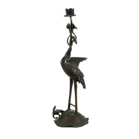Japanese Bronze Crane and Turtle Grouping Candle Holder