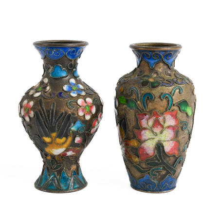 Matched Pair of Chinese Silver Hand-Painted Miniature Vases