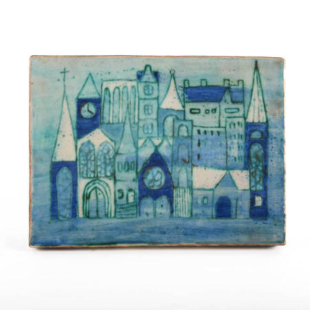 Large Blue and White Ceramic Cityscape Plaque