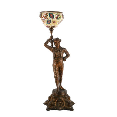 Figural Spelter Gentleman Centerpiece with Hand-Painted Ceramic Holder