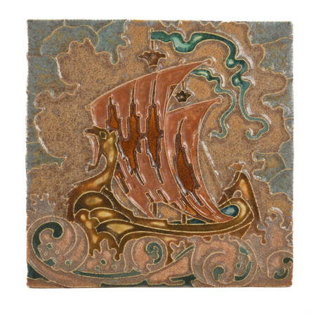 Ernest A. Batchelder Art Nouveau "Viking Ship" Ceramic Tile