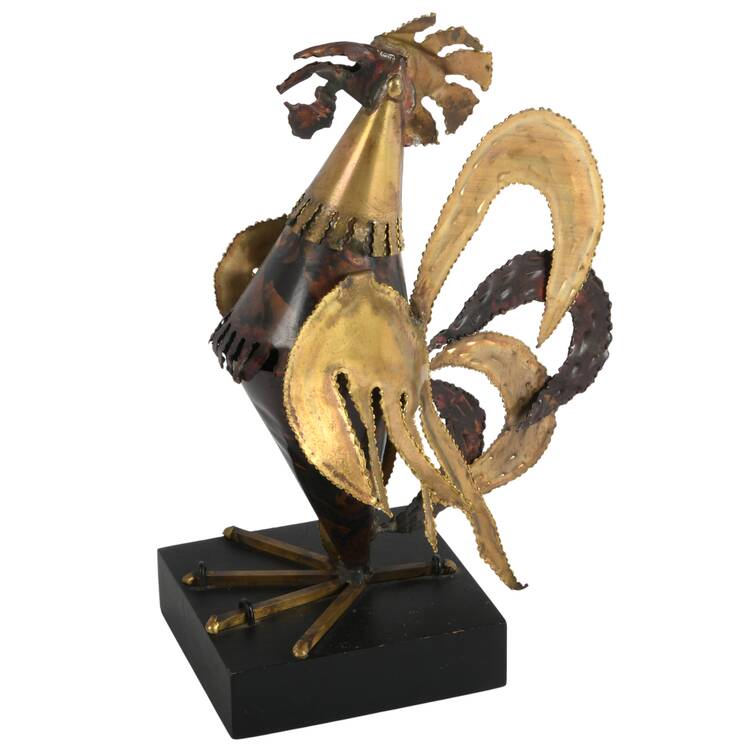 Brutalist Metal Rooster Sculpture on Base