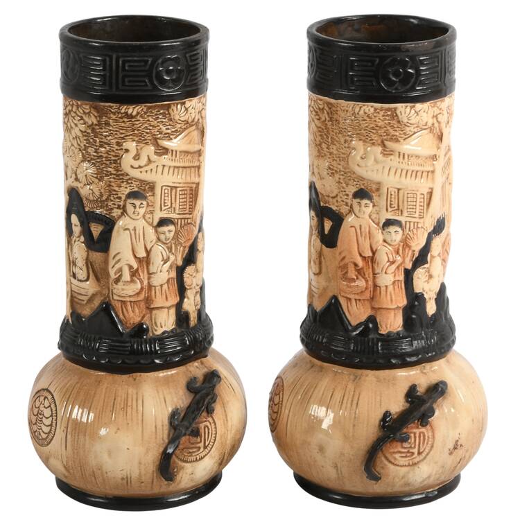 Pair of Bretby Chinoiserie English Pottery Vases