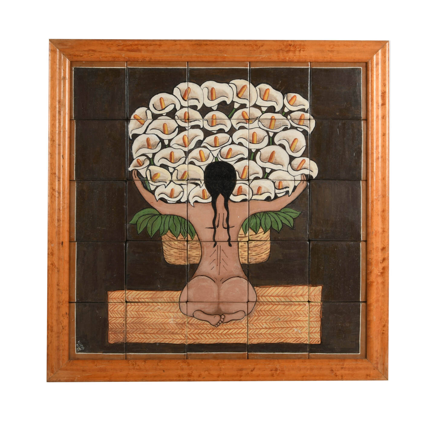 Framed Signed "Nude with Calla Lillies" Tile Art After Diego Rivera
