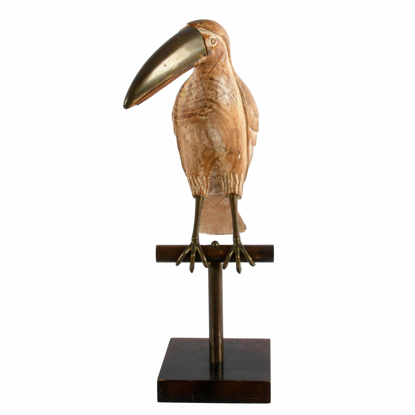 Italian Hand-Carved Wood and Brass Perched Toucan on Stand