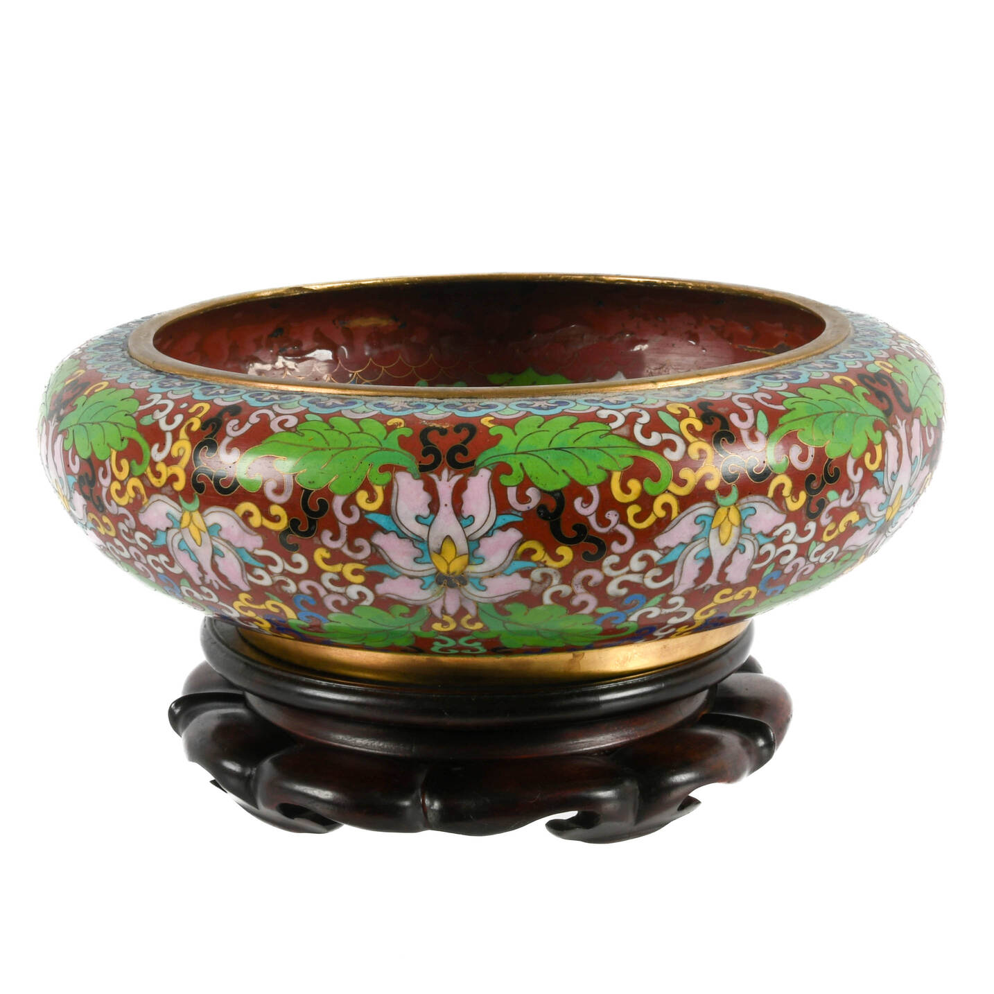 Large Crimson Cloisonné Bowl with Carved Wood Stand