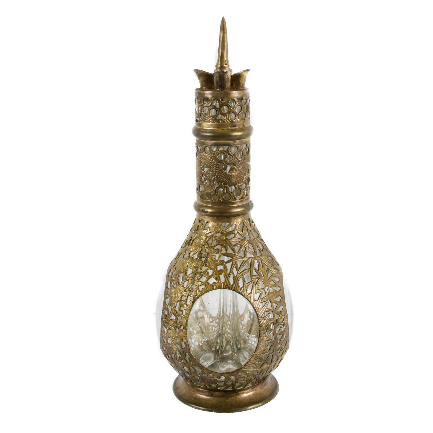 Antique Chinese Silver Overlay and Glass Decanter