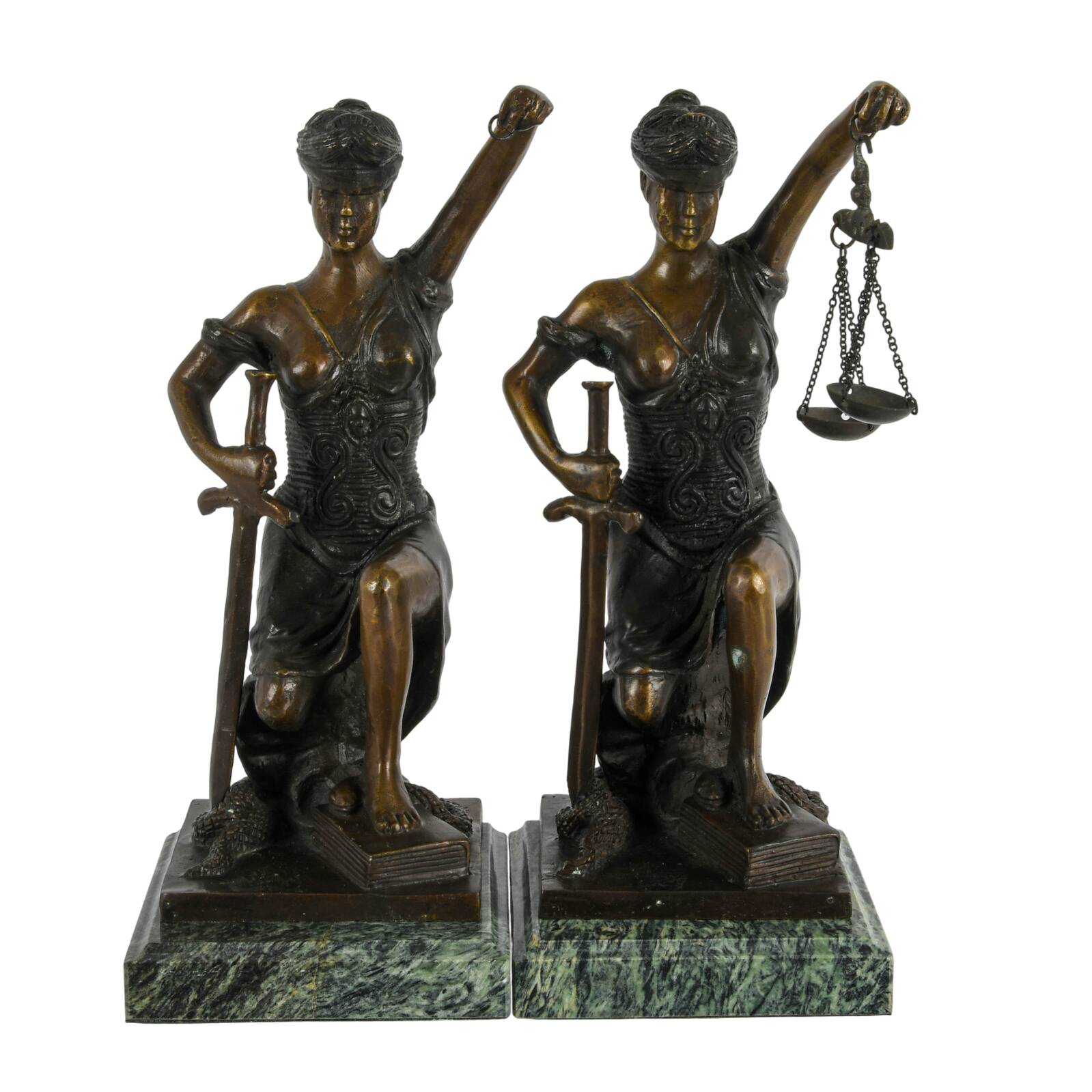 Signed Pair of Bronze and Marble Lady Justice Bookends