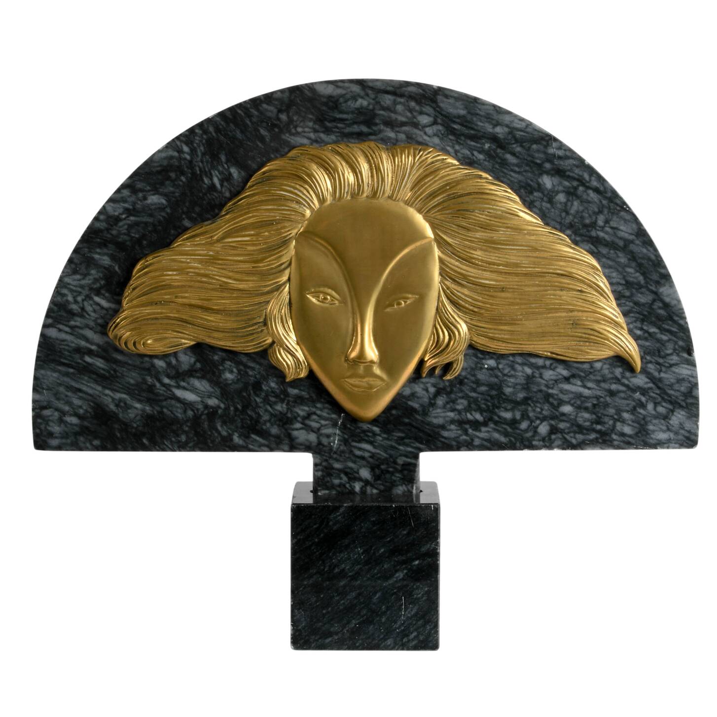 Fan Shape Marble and Brass Lady Sculpture