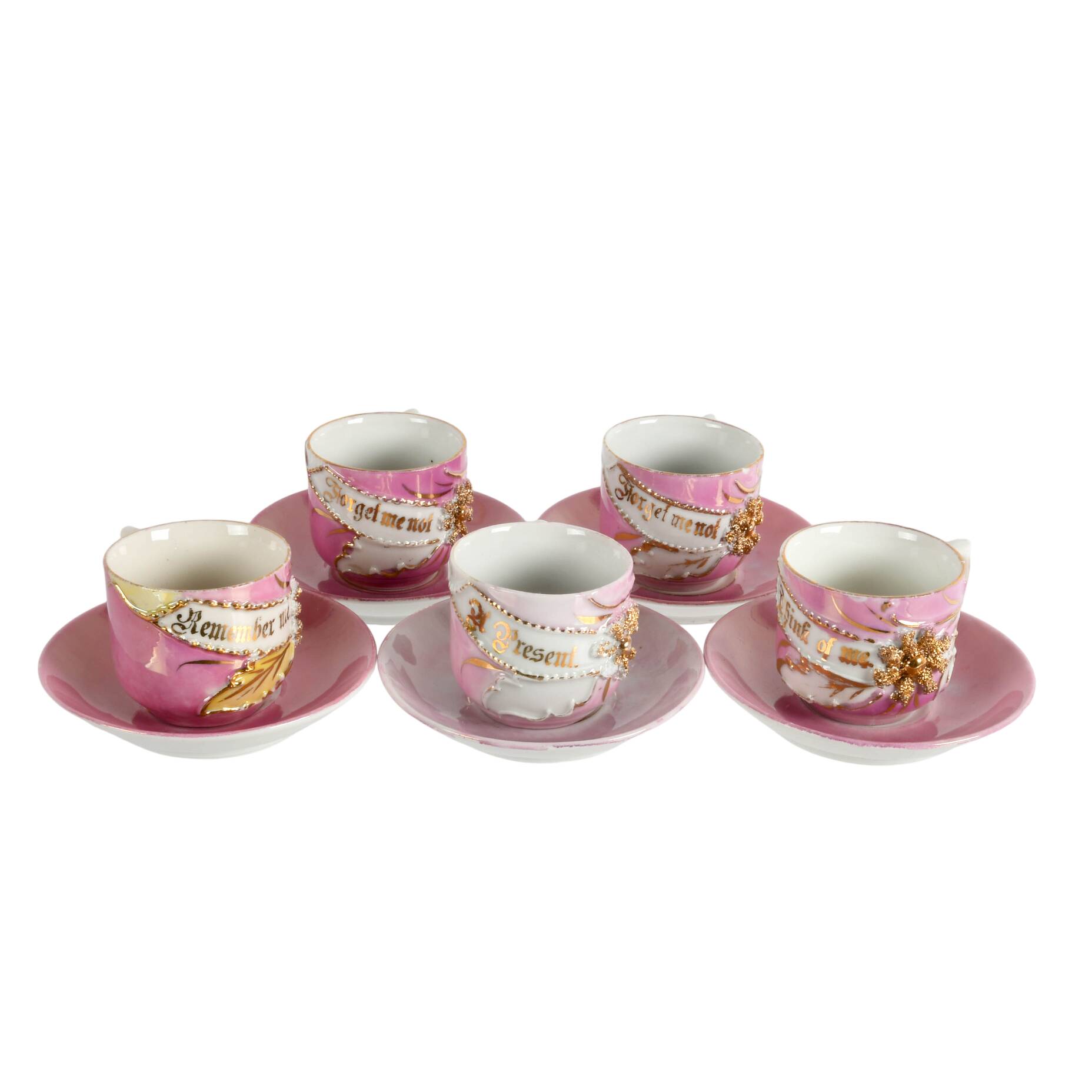 Antique Five-Piece German Sweet Nothings Demitasse Cup and Saucer Sets