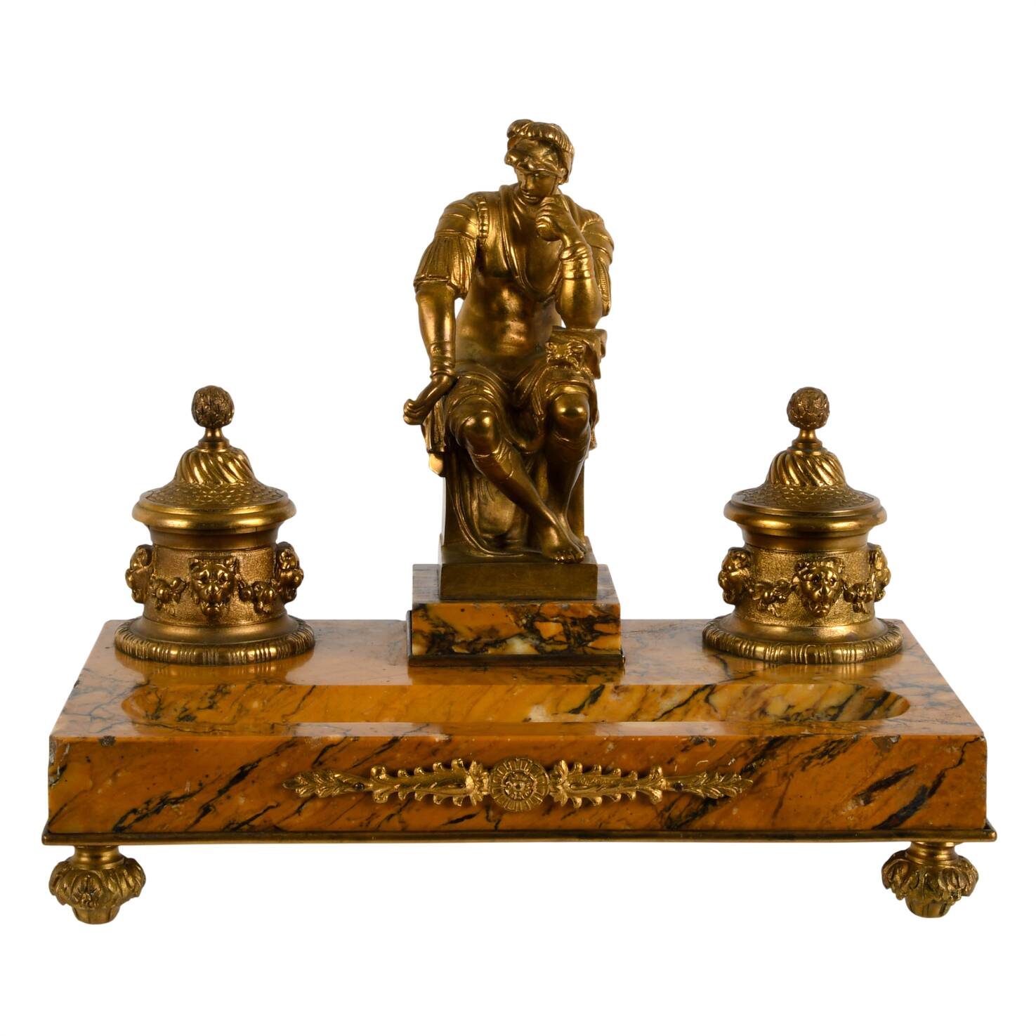 French Doré Bronze Figural Inkwell on Marble Base