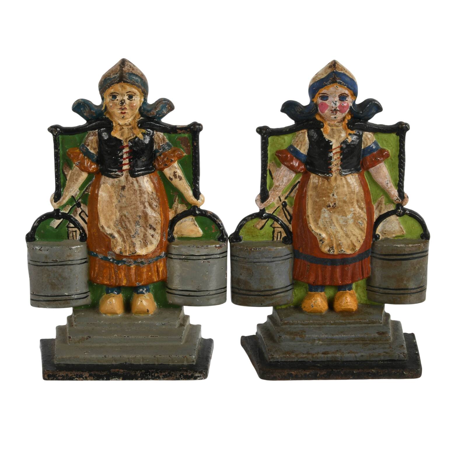Pair of Antique Dutch Milkmaids with Buckets Bookends