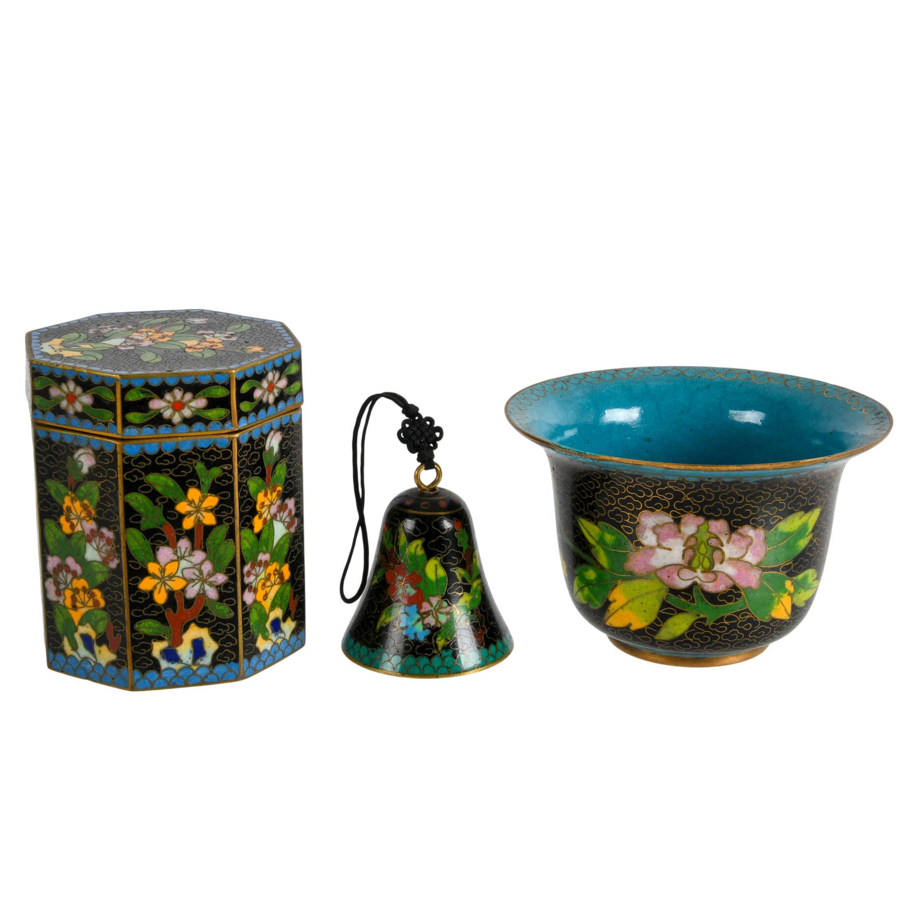 Three-Piece Chinese Cloisonné Floral Set Tea Box, Cup, and Bell