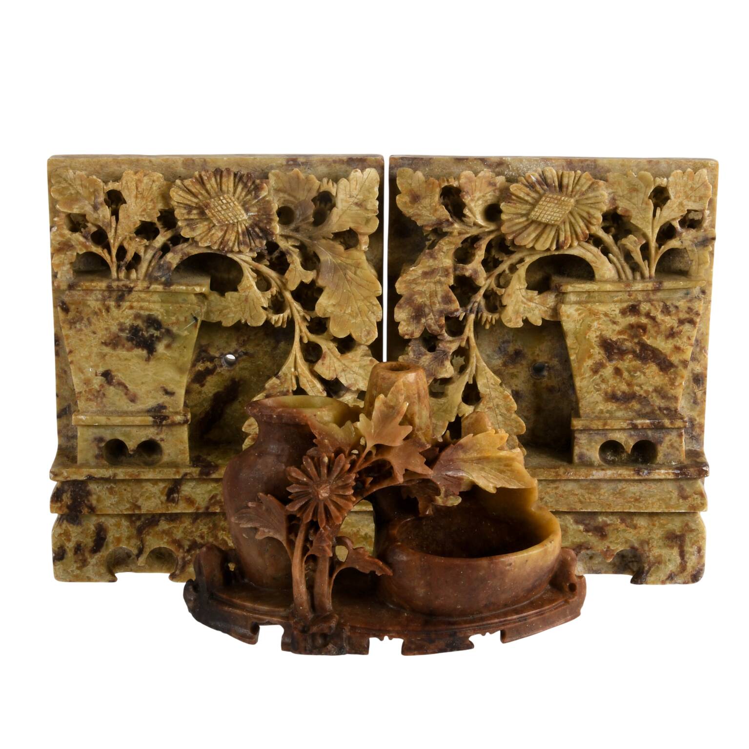 Set of Carved Chinese Soapstone Bookends and Vase Grouping