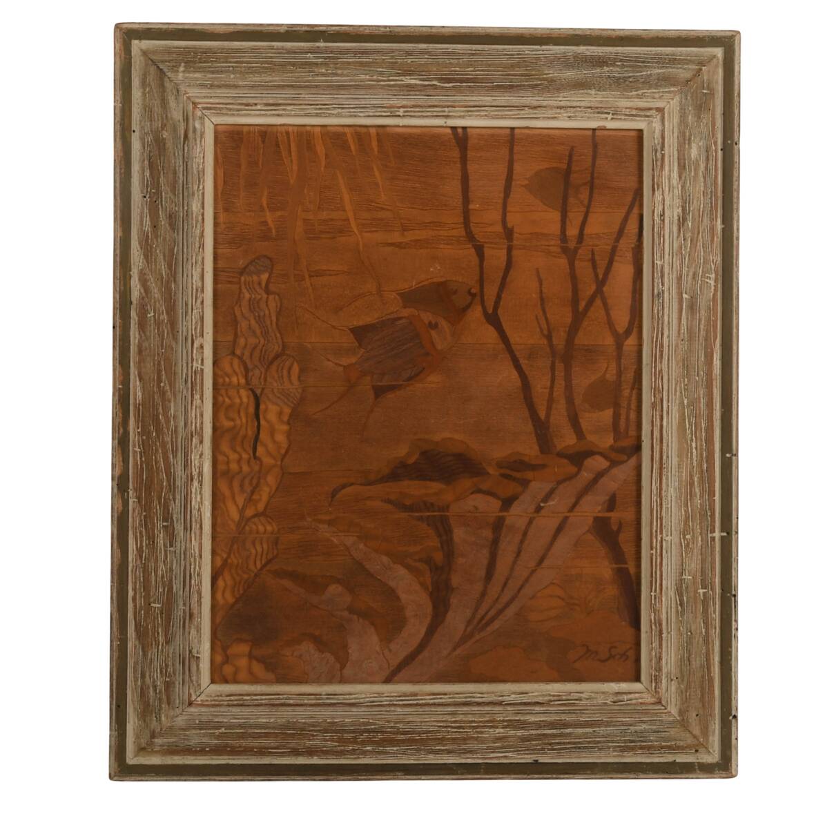 Signed Mathis Schuster Wood Marquetry "Tropical Fantasy" Framed Panel