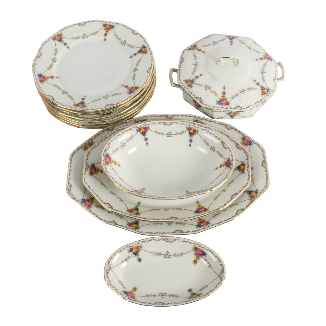 Thirteen-Piece Union T Czecho-Slovakian Made Floral Swags China Set