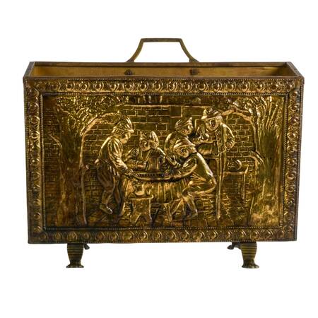 Peerafe English Embossed Brass and Wood Magazine Holder
