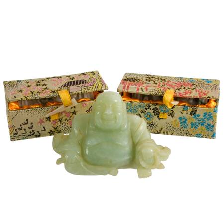 Pair of Boxed Stone Dragon Carved Trinkets and Soapstone Buddha