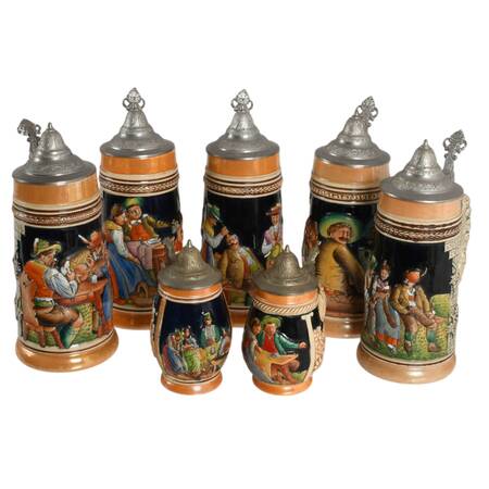Set of Seven Scenic German-Style Japanese Lidded Steins