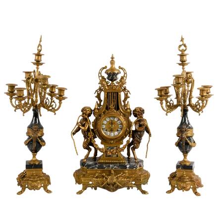 Imperial Italian Brevettato Mantel Clock and Candelabra