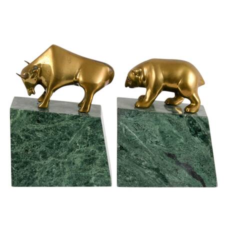 Pair of Art Deco Brass and Green Marble Bull and Bear Bookends