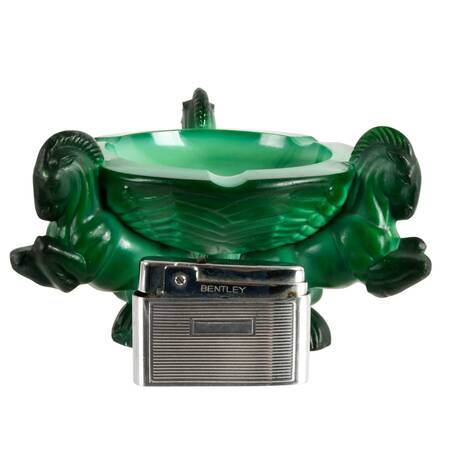 Art Deco Malachite Glass Ashtray by Curt Schlevogt and Lighter