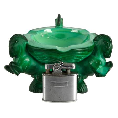 Curt Schlevogt Art Deco Malachite Glass Ashtray and Lighter