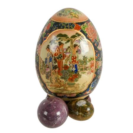 Decorative Eggs in Three Sizes including Satsuma Moriage Geisha Egg