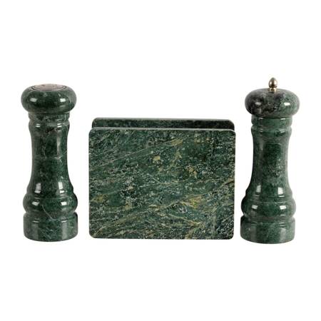 Italian Green Marble Salt and Pepper Set with Napkin Holder