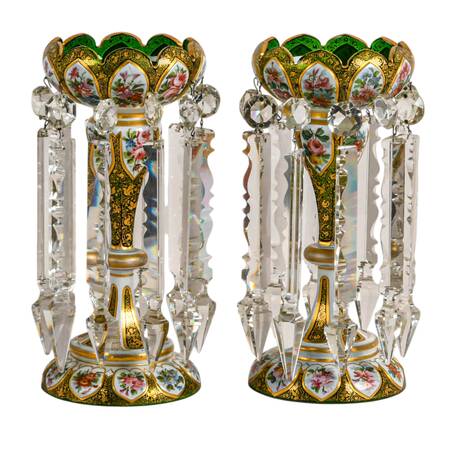 Antique Pair Bohemian Lusters with Crystal Prisms