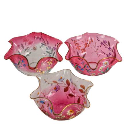 Set of Hand-Painted Floral Bon Bon Glass Bowls