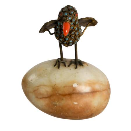 Tibetan Brass Filigree Bird with Inlaid Turquoise and Coral Stone