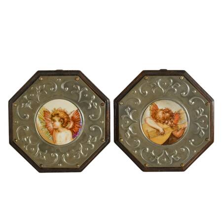 Signed Pair of Hand-Painted Porcelain Cherub Plaques with Embossed Borders