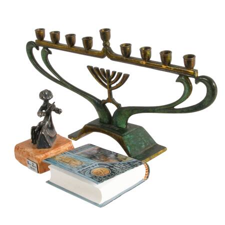 Bronze Menorah with Dual Language Psalm Book and Sterling Ben-Zion Fiddler